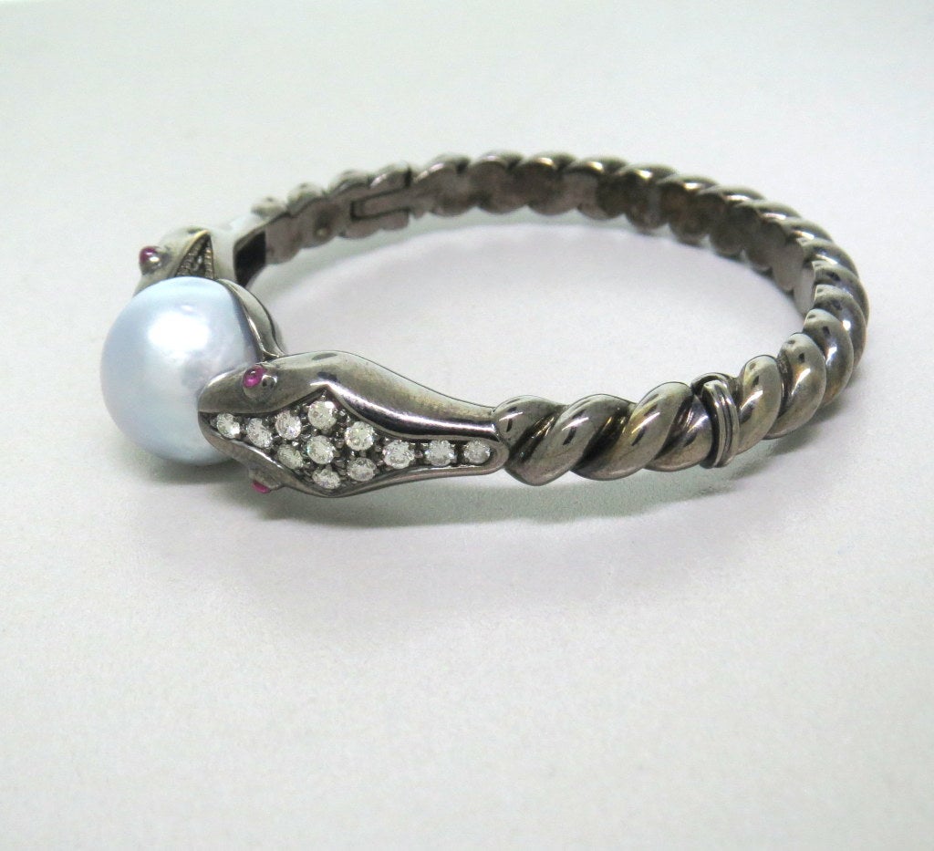 Modern Gold South Sea Pearl Diamond Ruby Snake Bangle Bracelet