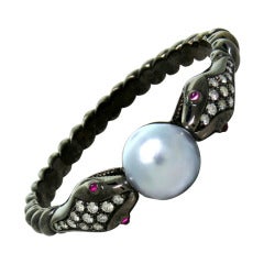 Modern Gold South Sea Pearl Diamond Ruby Snake Bangle Bracelet