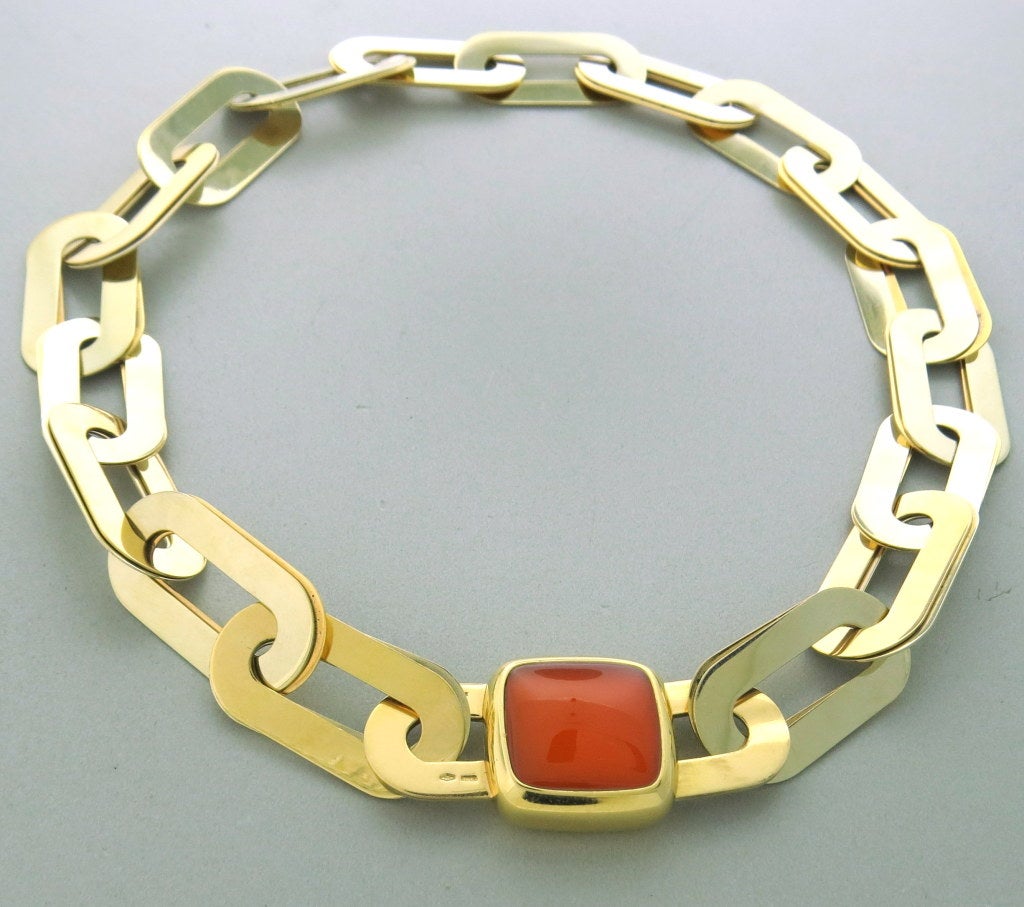 Vhernier 18k gold link necklace with Carnelian 22mm x 22mm clasp. Necklace is 17