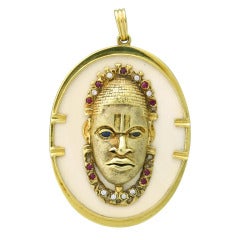 Vintage 1970s Bone Ruby Sapphire Diamond Gold Pendant