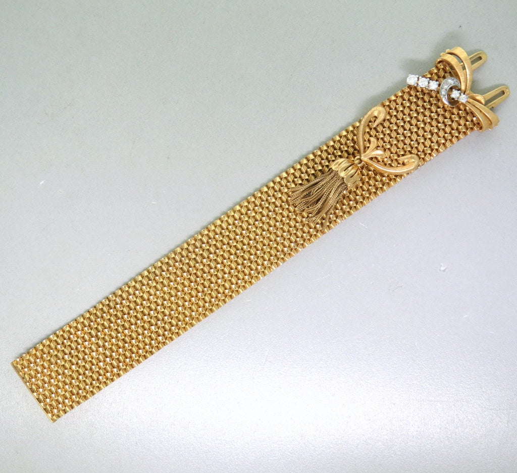 Mid Century Massive Gold Diamond Wide Tassel Bracelet In Excellent Condition In Lambertville, NJ