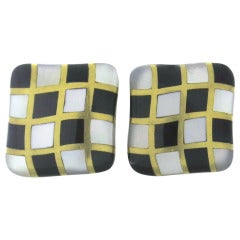 1980s Angela Cummings Gold Onyx Mother of Pearl Inlay Checkered Earrings