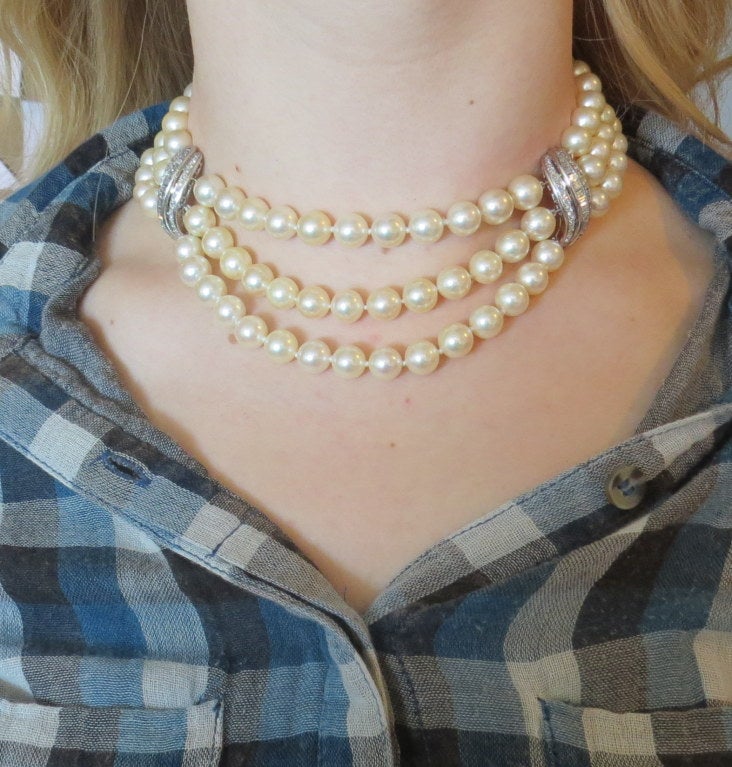 1950s Gold Diamond Pearl Three Strand Cocktail Necklace In Excellent Condition In Lambertville, NJ