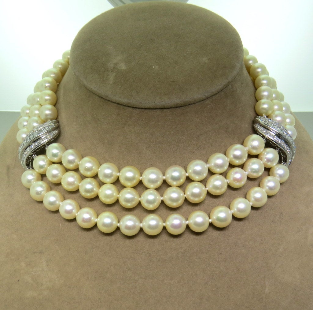Women's 1950s Gold Diamond Pearl Three Strand Cocktail Necklace