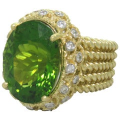Large Natural Peridot Diamond Gold Ring