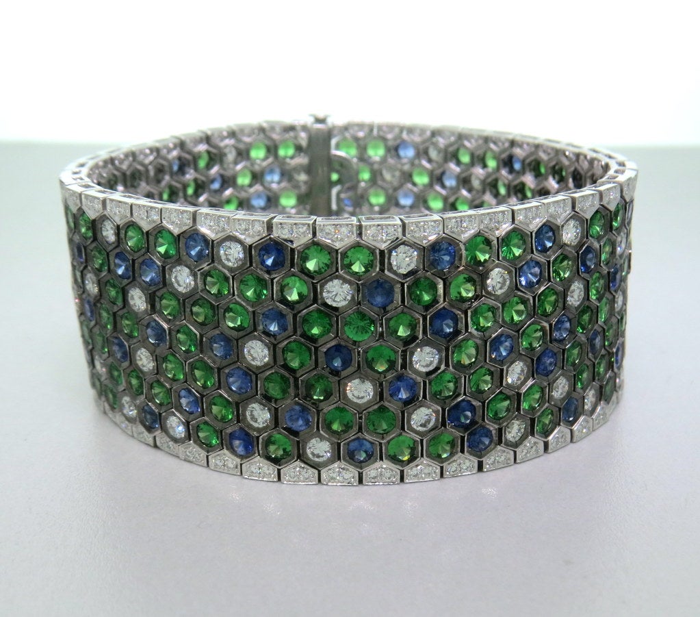 Women's Impressive Salavetti Gold Diamond Sapphire Green Garnet Wide Bracelet