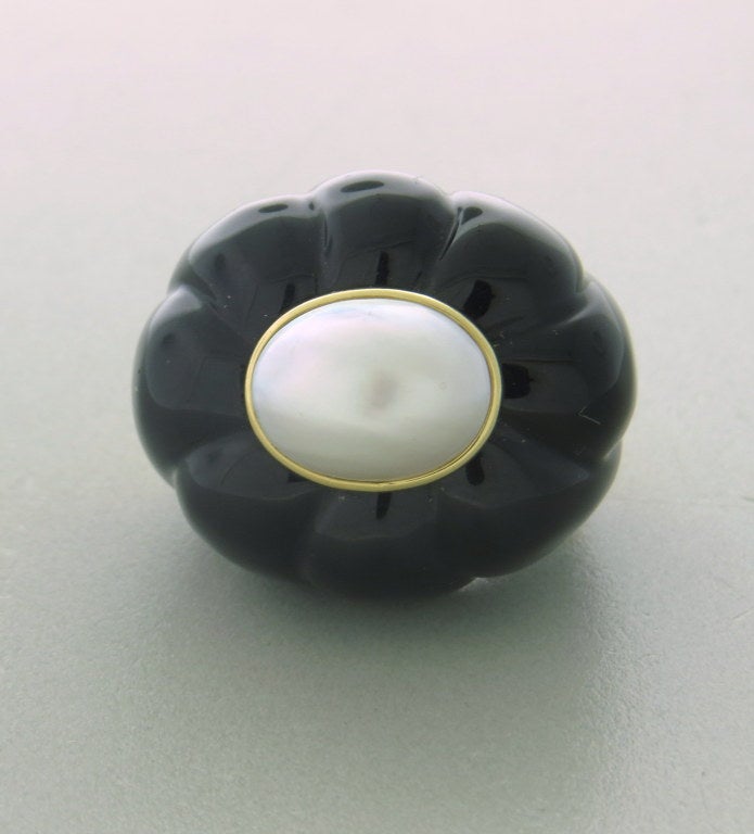 Large Carved Black Onyx Pearl Gold Ring