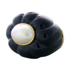 Large Carved Black Onyx Pearl Gold Ring