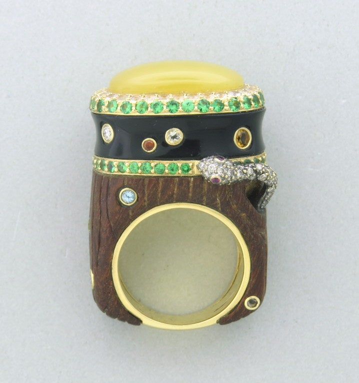 Impressive Wood Green Garnet Sapphire Diamond Gold Snake Ring 1