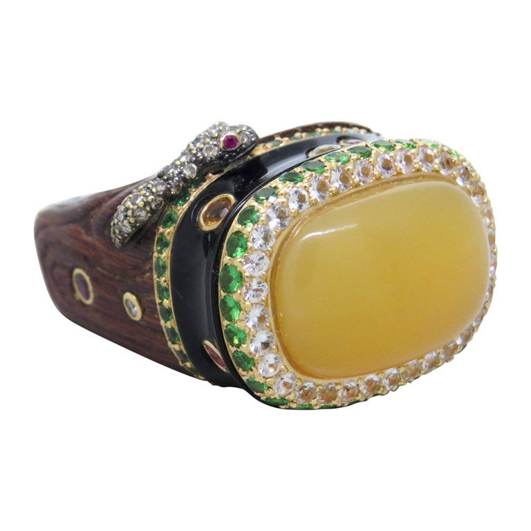 Impressive Wood Green Garnet Sapphire Diamond Gold Snake Ring