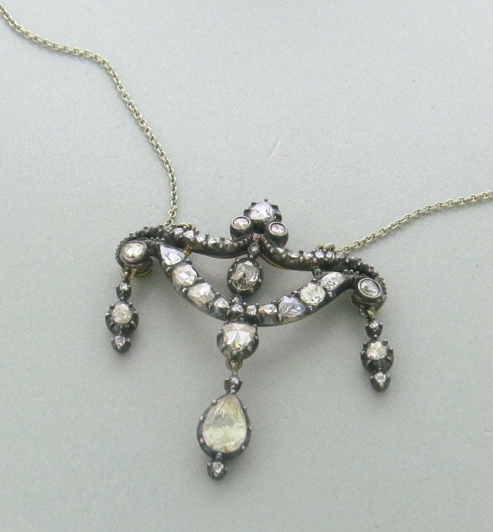 Victorian Antique Rose Cut Diamond Silver Gold Lavalier Necklace