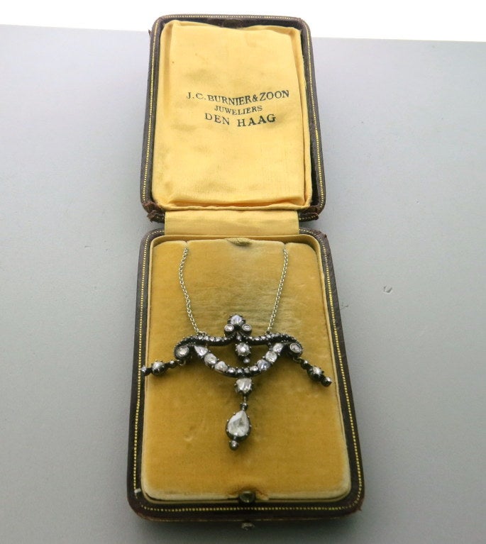 Antique Rose Cut Diamond Silver Gold Lavalier Necklace In Excellent Condition In Lambertville, NJ