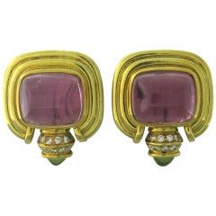 Large Pink Tourmaline Peridot Diamond Gold Earrings