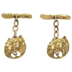 Art Nouveau Diamond Gold Lion Head Cufflinks
