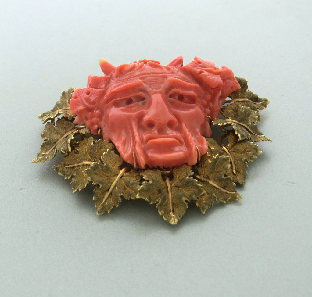 Large Buccellati Gold Carved Coral Bacchus Head Brooch Pendant