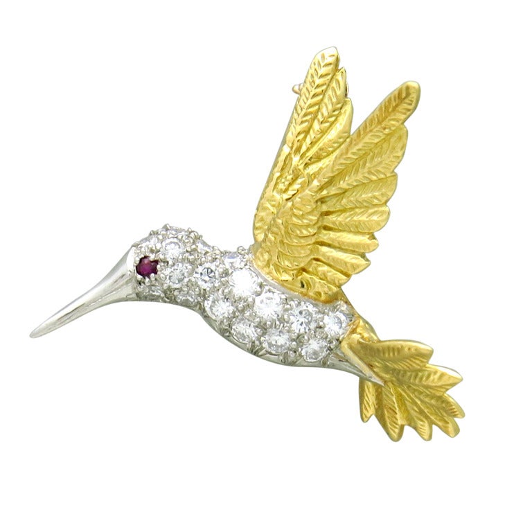 Ruby Diamond Gold Platinum Hummingbird Brooch