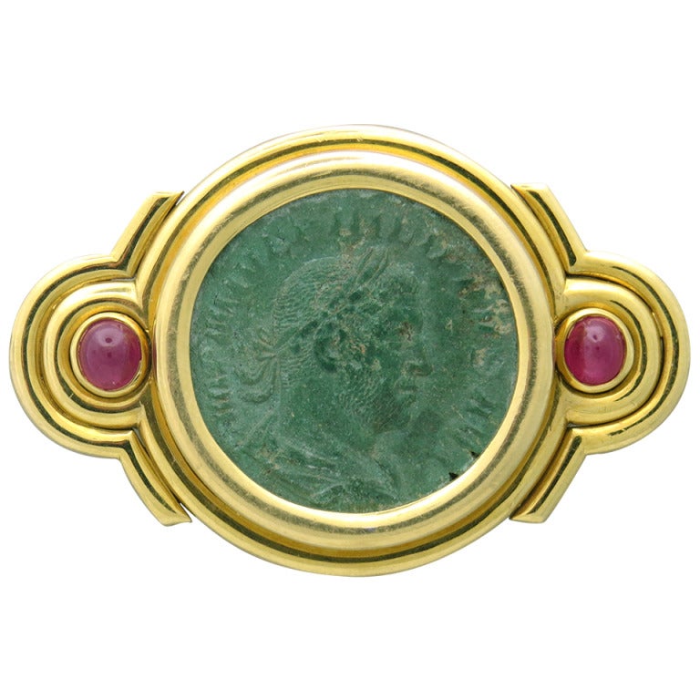 Rare Bulgari Ancient Coin Ruby Gold Belt Buckle