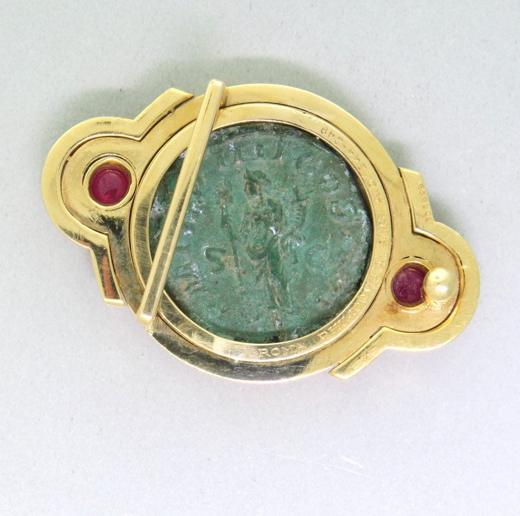 Bulgari 18k gold belt buckle,decorated with 26mm ancient coin and two side ruby cabochons - 5.2mm x 4.8mm. Buckle is 57mm x 37mm, belt insert is 27mm. Marked - BD7595,75o,Roma Philippvs I AVG. A.D.244-249. weight - 61.3g