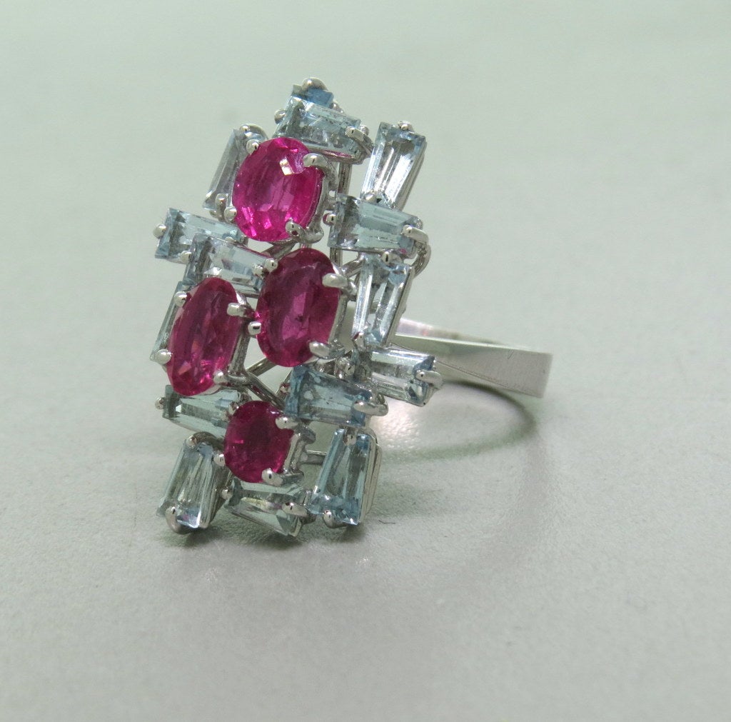H Stern 18k white gold ring with aquamarines and pink tourmalines. Ring size 6, ring top is 26mm x 20mm. Marked 750 and with Stern S mark. weight - 8.7g