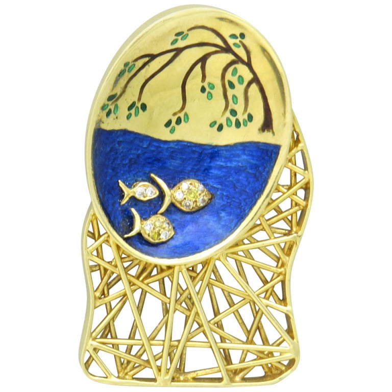 Anthony Kim Gold Enamel Diamond Brooch Pendant For Sale at 1stDibs