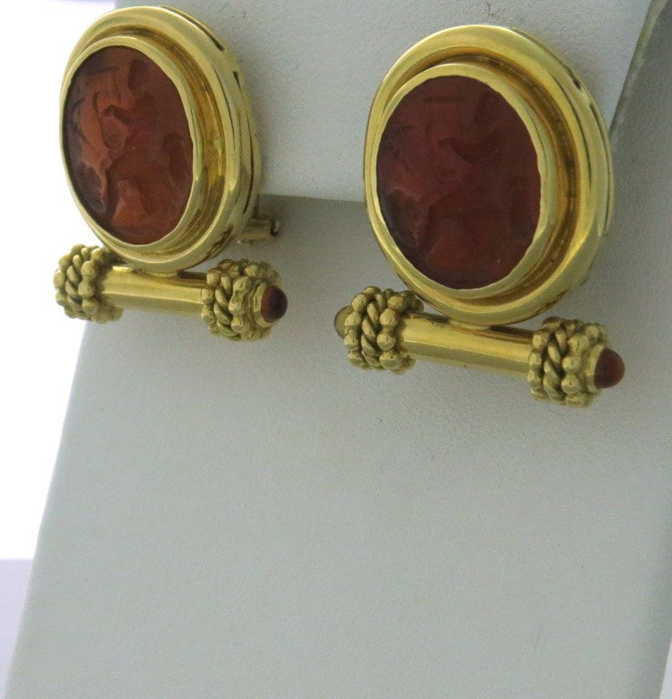 18k gold, Venetian glass intaglio, citrines. collapsible posts. 27mm X 24mm