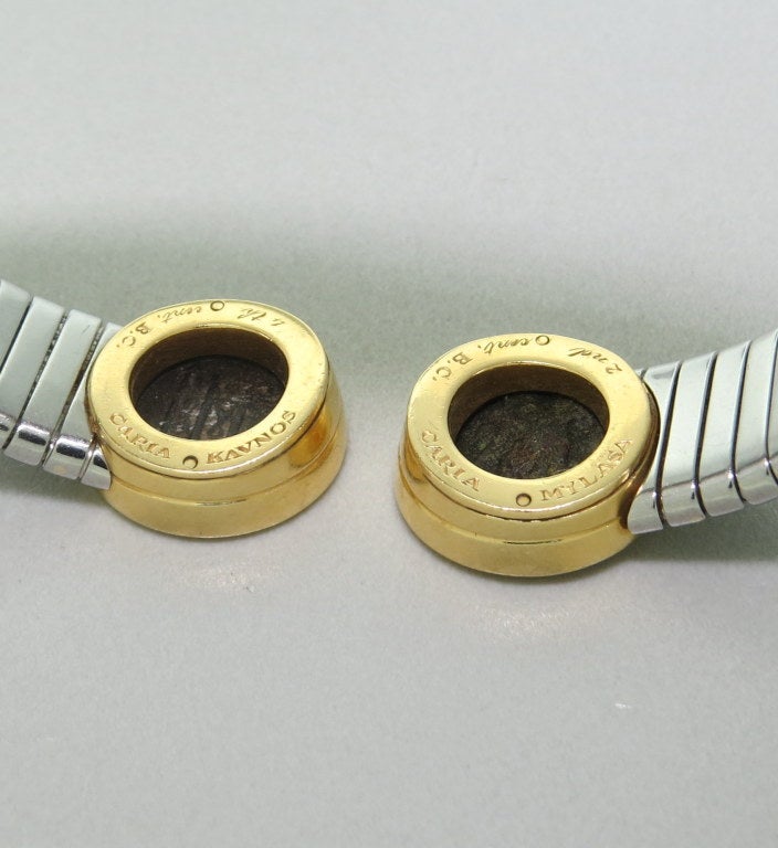 Women's or Men's Bulgari Ancient Coin Gold Steel Tubogas Bracelet