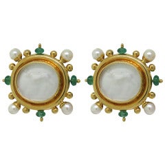 Elizabeth Locke Intaglio Pearl Emerald Gold Earrings