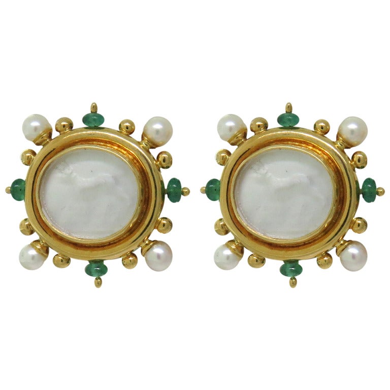 Elizabeth Locke Intaglio Pearl Emerald Gold Earrings