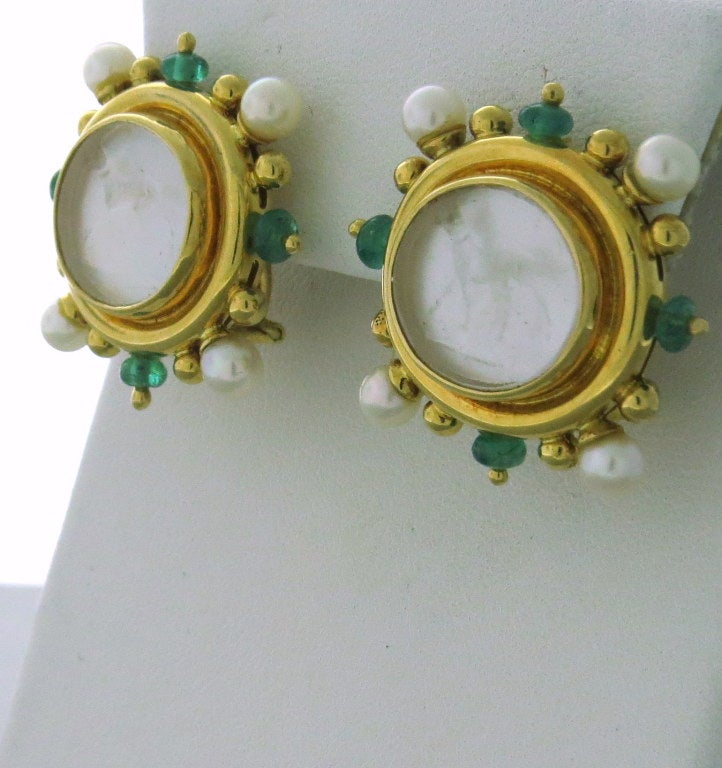18k gold Venetian glass intaglio , pearls and emeralds . 27mm X 27mm. collapsible posts.