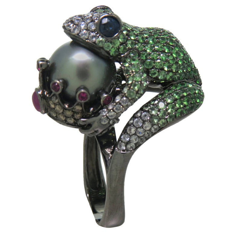 Modern Tsavorite Pearl Ruby Sapphire Diamond Blackened Gold Frog Ring