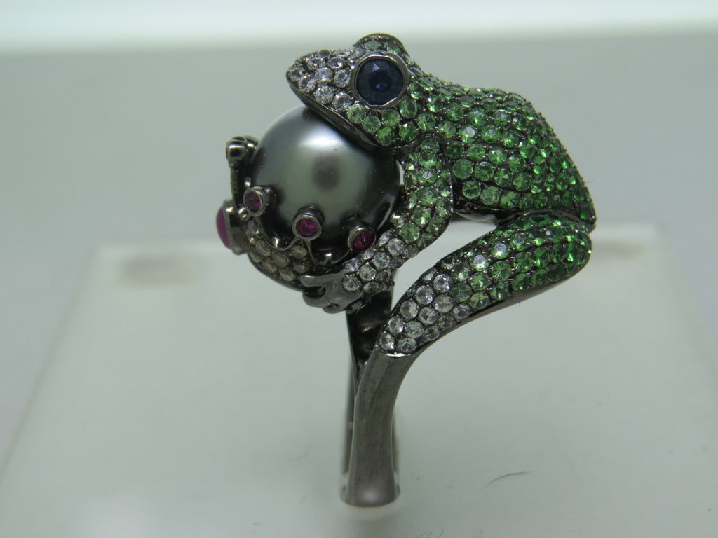 Modern Tsavorite Pearl Ruby Sapphire Diamond Blackened Gold Frog Ring In Excellent Condition In Lambertville, NJ