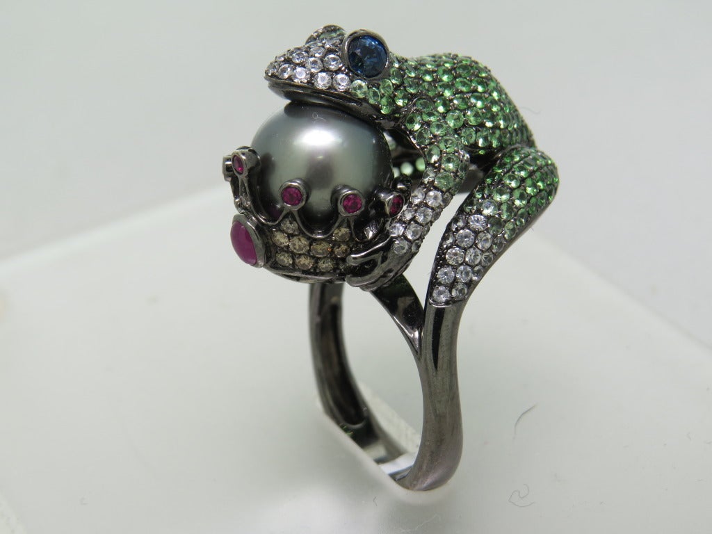 Women's Modern Tsavorite Pearl Ruby Sapphire Diamond Blackened Gold Frog Ring