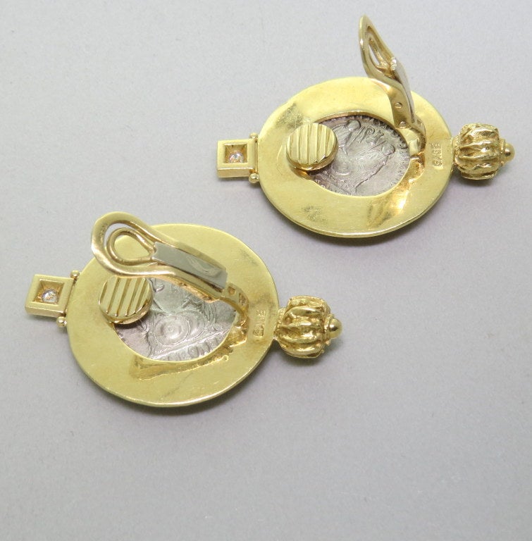 Elizabeth Gage Ancient Coin Diamond Gold Earrings In Excellent Condition In Lambertville, NJ