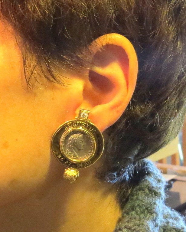 Women's Elizabeth Gage Ancient Coin Diamond Gold Earrings