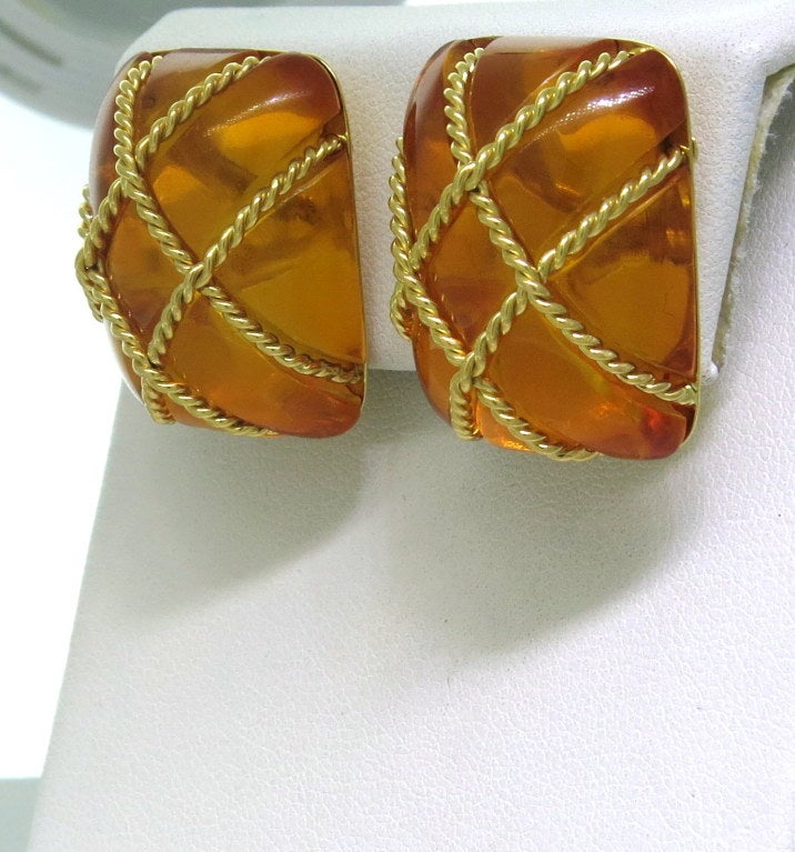 Seaman Schepps 18k gold earrings with amber from Cage collection. earrings are 26mm x 20mm. Marked Seaman Schepps,makers mark,750,1029. weight  21.9g