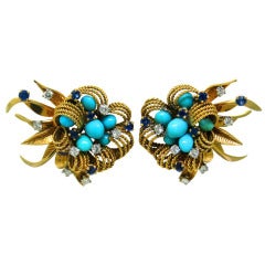 Vintage 1960s French Turquoise Sapphire Diamond Gold Earrings