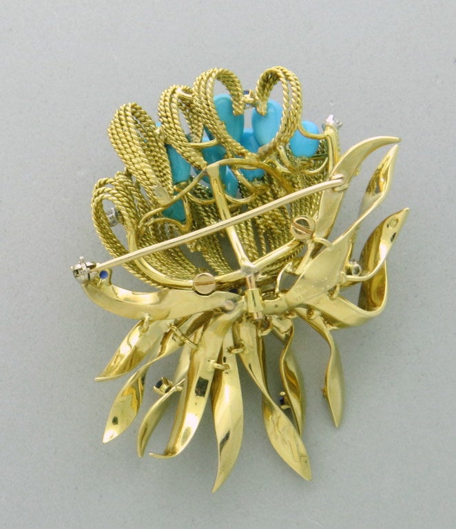 1960s 18k yellow gold French brooch with approx. 0.40ctw diamonds,turquoise and sapphires. Brooch is 62mm x 49mm. Marked with French gold marks,Sf Rue De La Paix Paris. weight - 39.8g