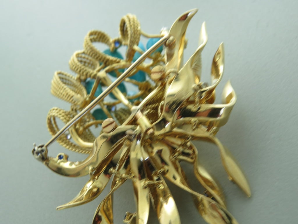 1960s French Turquoise Sapphire Diamond Gold Brooch Pin In Excellent Condition In Lambertville, NJ