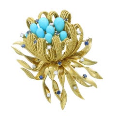 Vintage 1960s French Turquoise Sapphire Diamond Gold Brooch Pin
