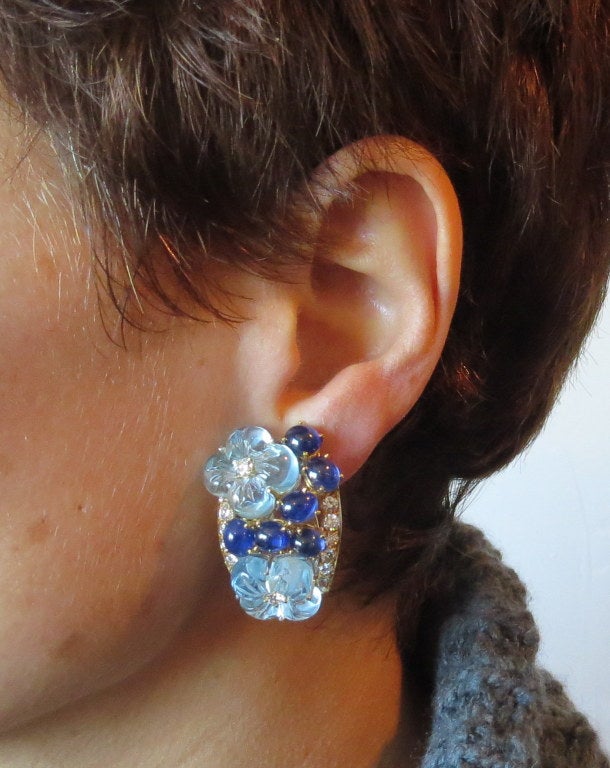 Women's Carved Blue Topaz Sapphire Diamond Gold Flower Earrings