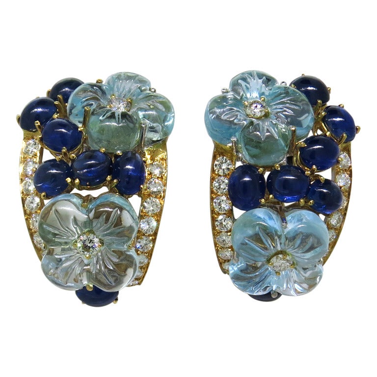 Carved Blue Topaz Sapphire Diamond Gold Flower Earrings