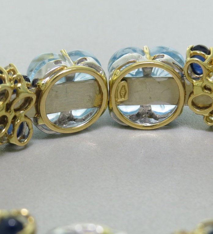 Carved Blue Topaz Sapphire Diamond Gold Flower Bracelet In Excellent Condition In Lambertville, NJ