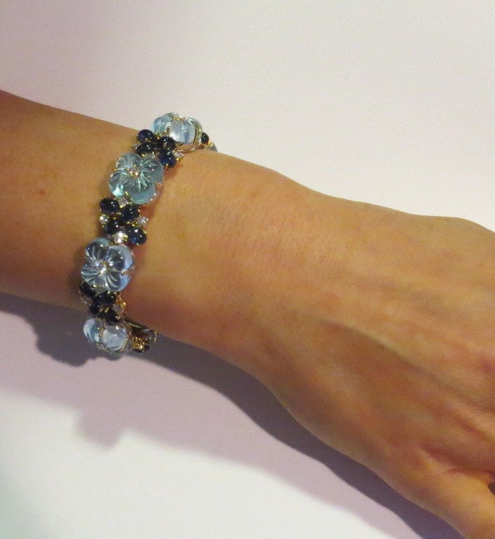 Women's Carved Blue Topaz Sapphire Diamond Gold Flower Bracelet