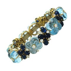 Carved Blue Topaz Sapphire Diamond Gold Flower Bracelet