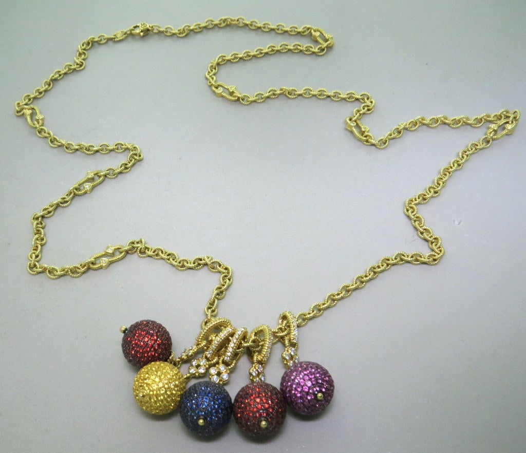 Judith Ripka Truffle Necklace with Gem-Set Diamond Ball Pendants In Excellent Condition In Lambertville, NJ