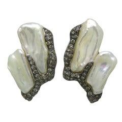 Vintage Free Form Pearl Diamond Gold Earrings