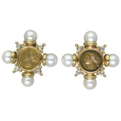 Classic Pearl Diamond Gold Coin Earrings