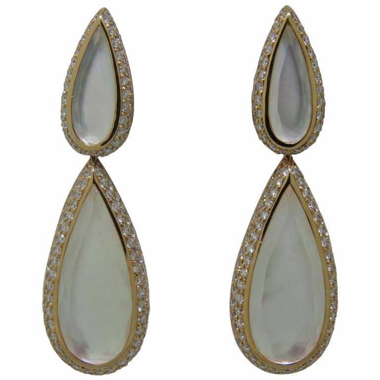 Modern Mother of Pearl Crystal Diamond Gold Teardrop Earrings