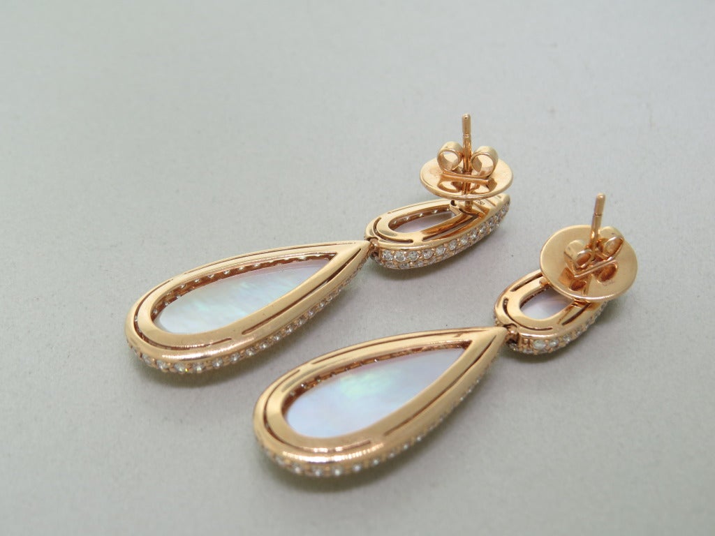 Modern Mother of Pearl Crystal Diamond Gold Teardrop Earrings In Excellent Condition In Lambertville, NJ