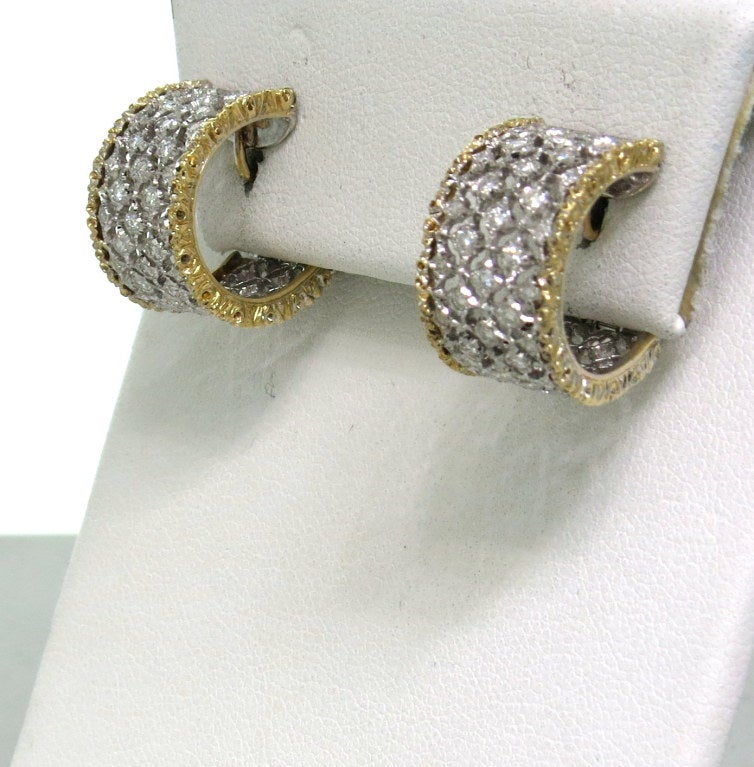 Buccellati 18k white and yellow gold hoop earrings with diamonds. Earrings are 16mm in diameter and 10mm wide. Marked Buccellati,Italy,18k.